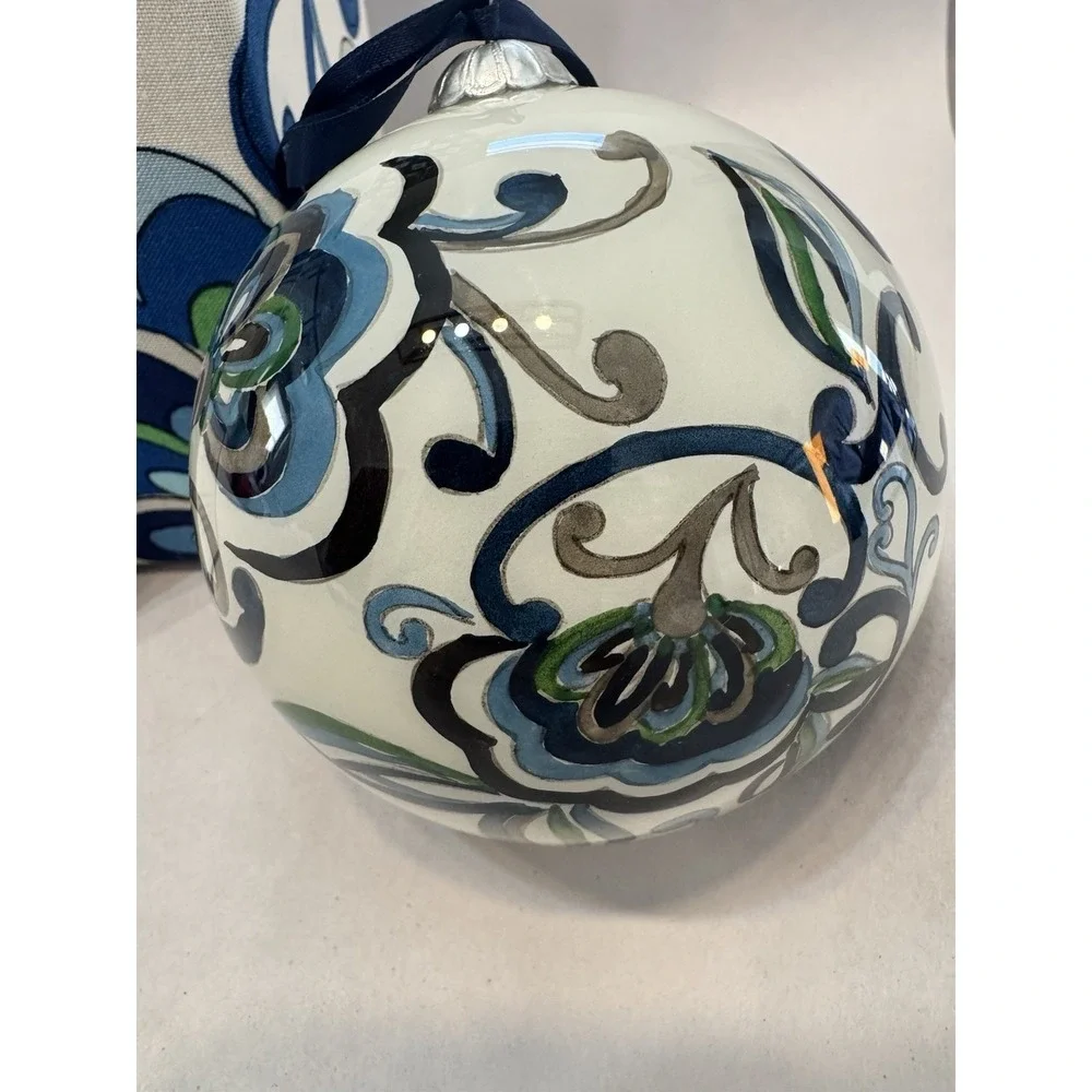 Vera Bradley Hand Painted Glass Ornament Mediterranean White Fabric Box